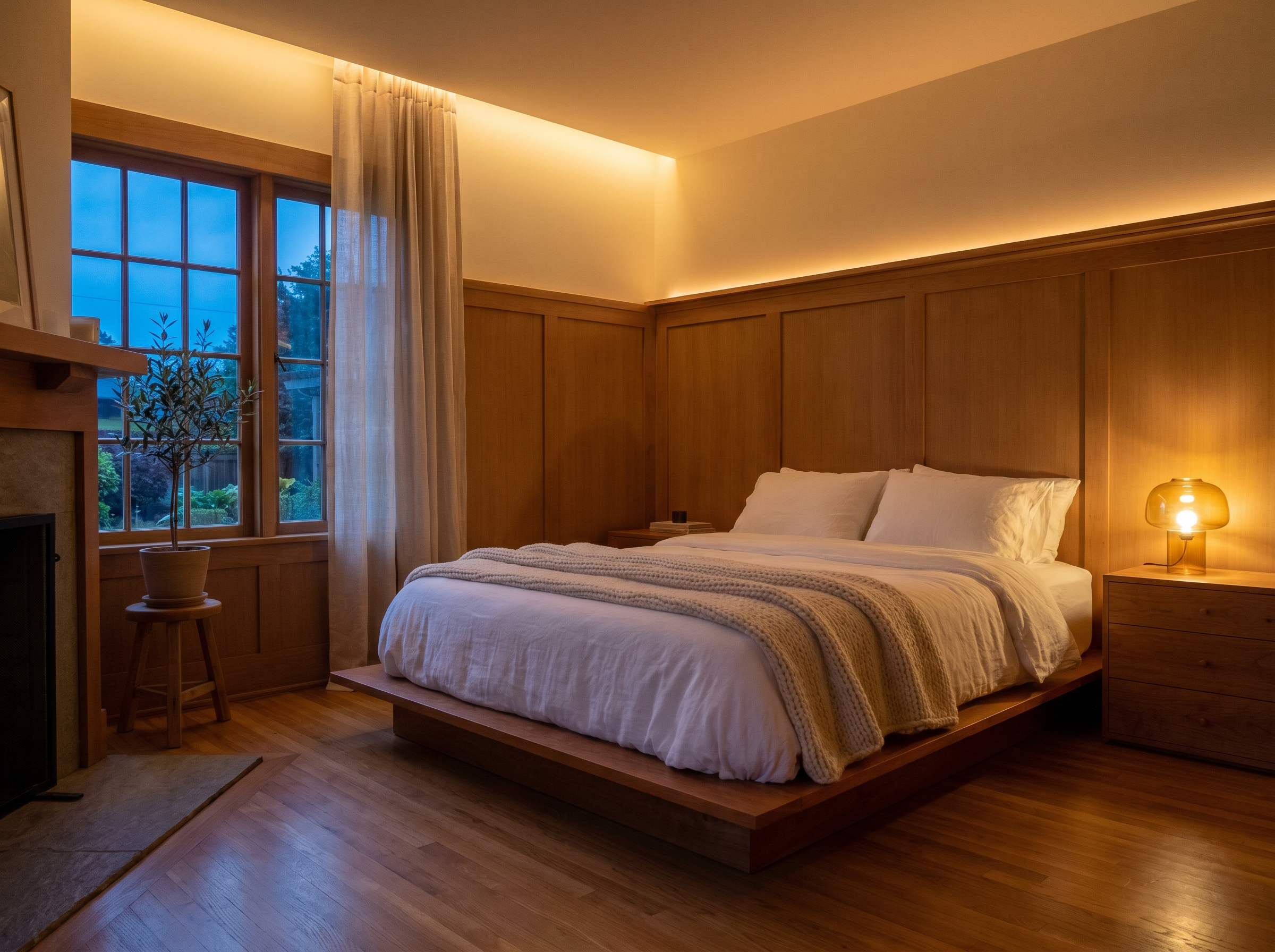 Master bedroom sanctuary at twilight with soft amber lighting.