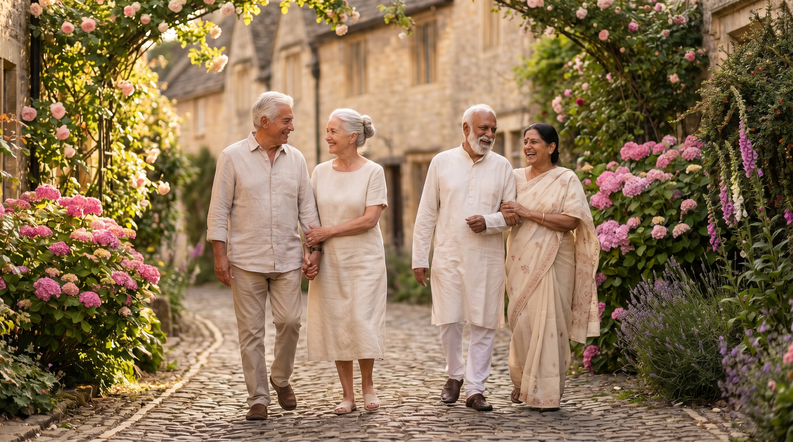 Two elderly couples — one Spanish, one Indian — walking and laughing together along a winding cobblestone footpath lined with hydrangeas, lavender, and climbing roses.