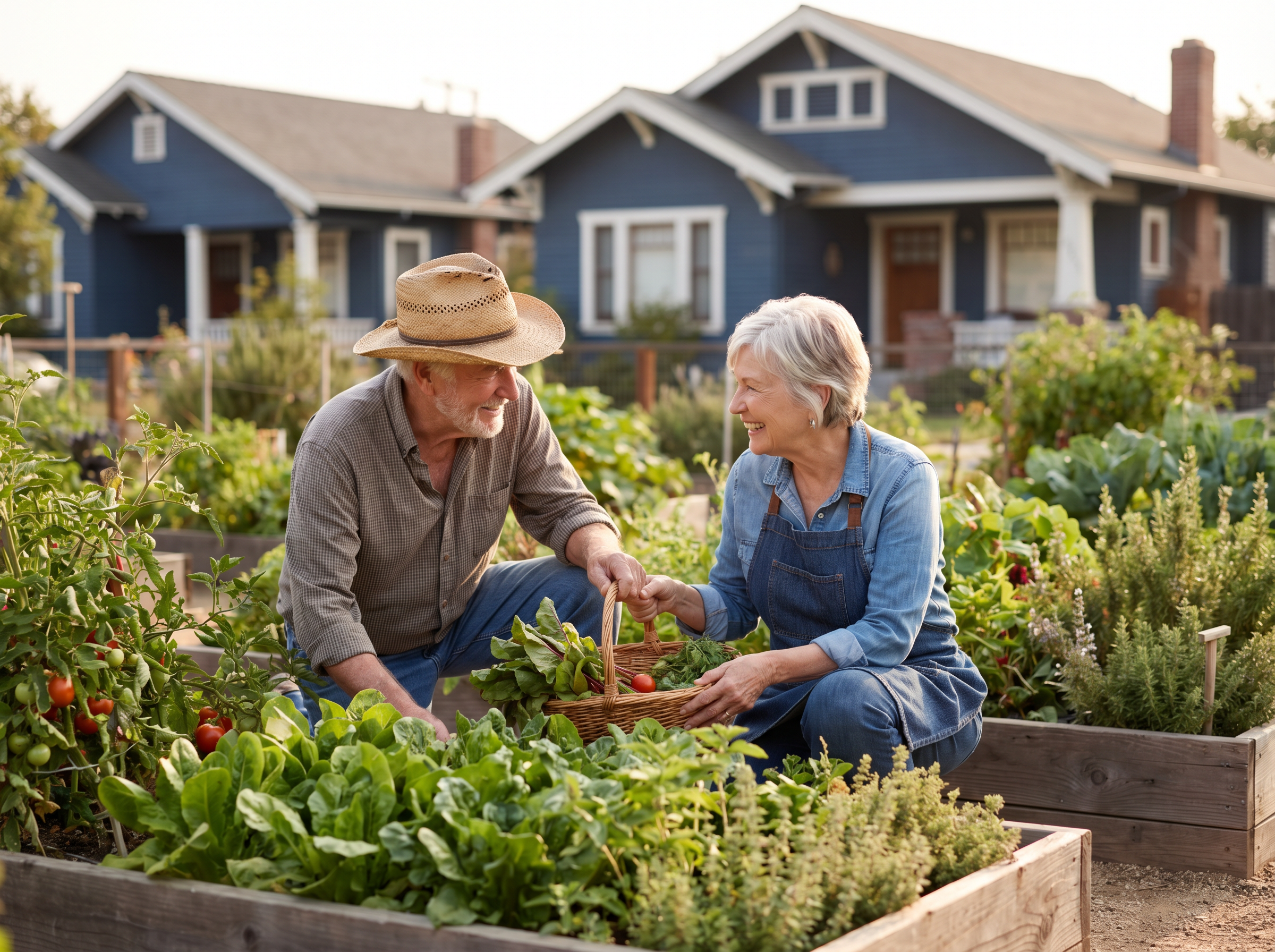 Two older neighbors tending a community vegetable garden together, smiling, with a deep-blue Craftsman cottage behind them.