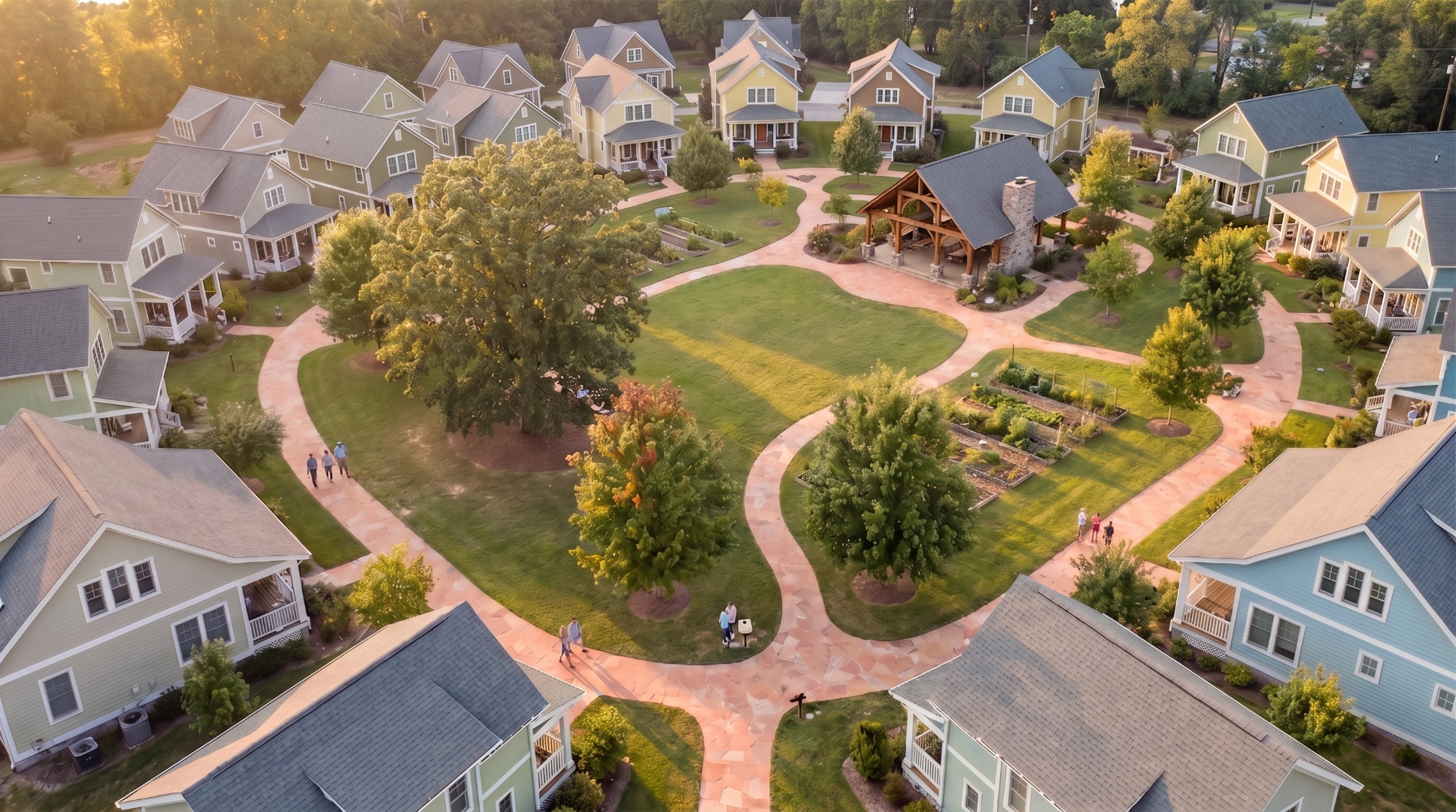 Aerial view of a small village of deep-blue Craftsman cottages arranged around a central green commons with walking paths and gardens.