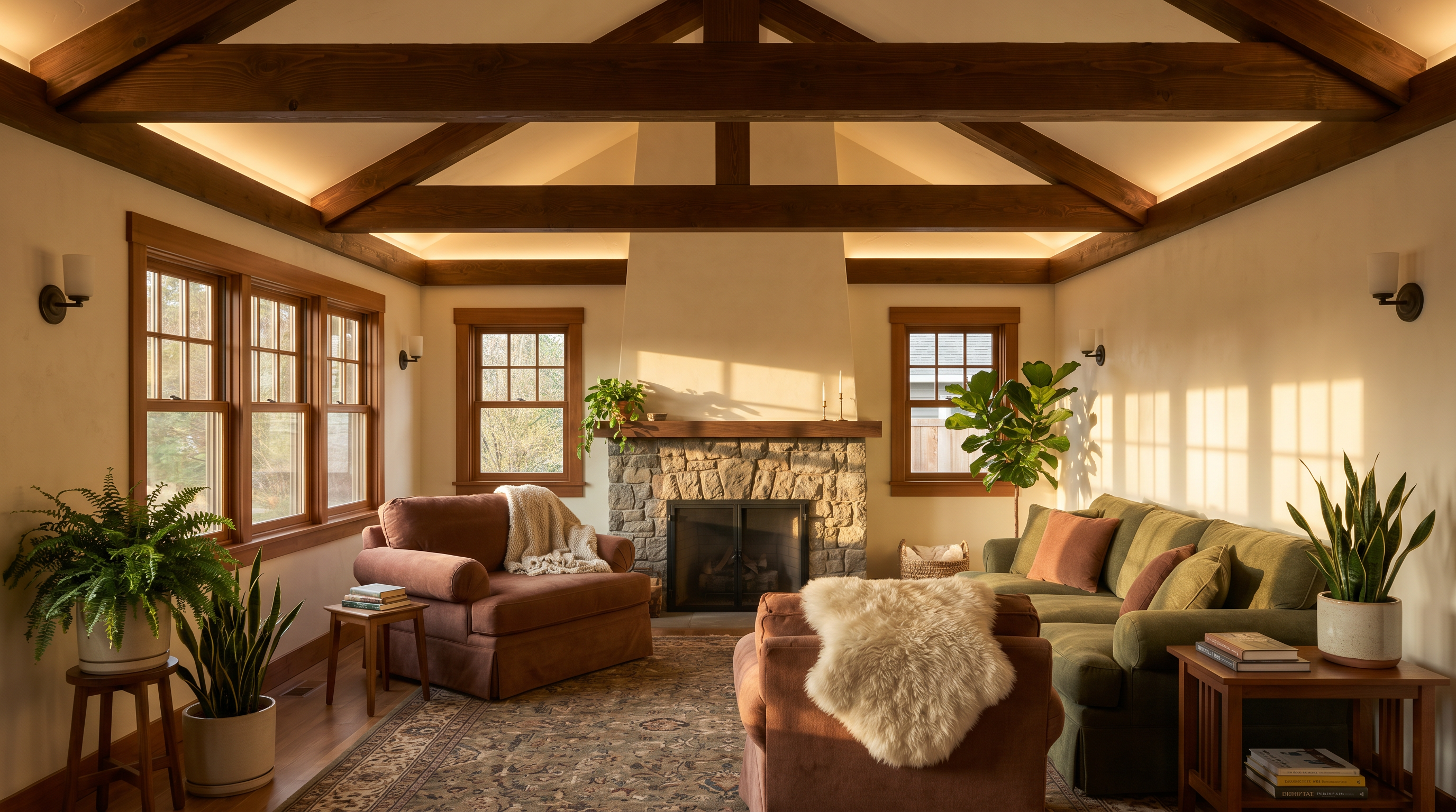 Great room interior with vaulted ceiling and warm Craftsman details.