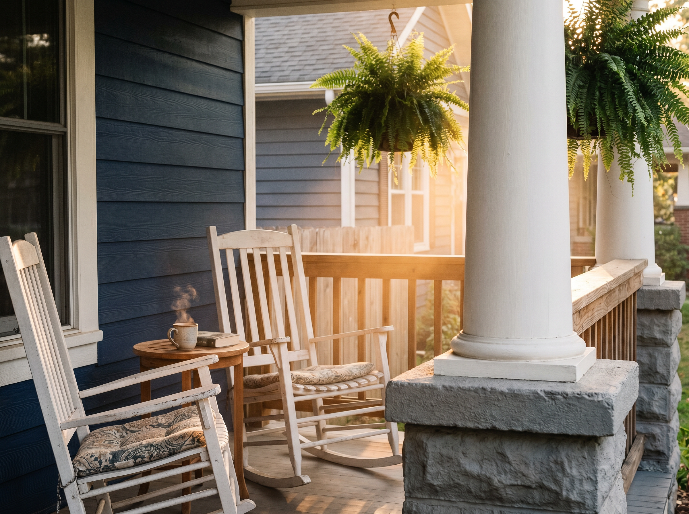Detail of front porch with rocking chairs and a teacup at golden hour.